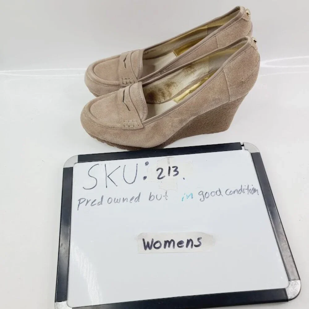 Michael Kors Women's Taupe Rory Leather Wedge‎ Platform Loafer Shoes Size 9.5M